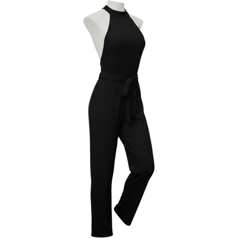 Cupcakes and Cashmere Jumpsuit Womens M Black Ribbed Halter Belted Contemporary